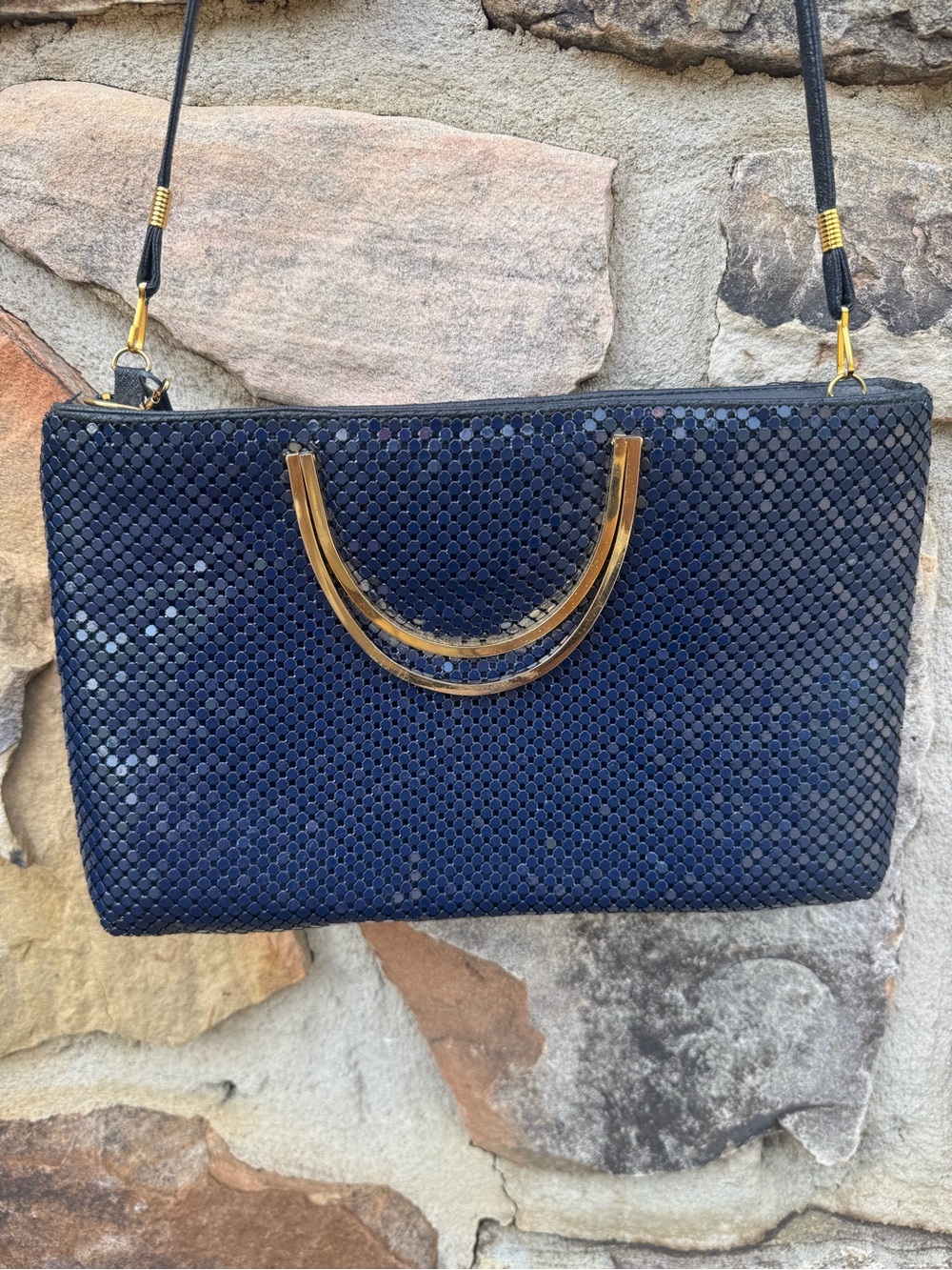 Vintage Bags by Marlo Navy Woven Chainmail Crossbody/Handbag Bag with Gold - Picture 16 of 16